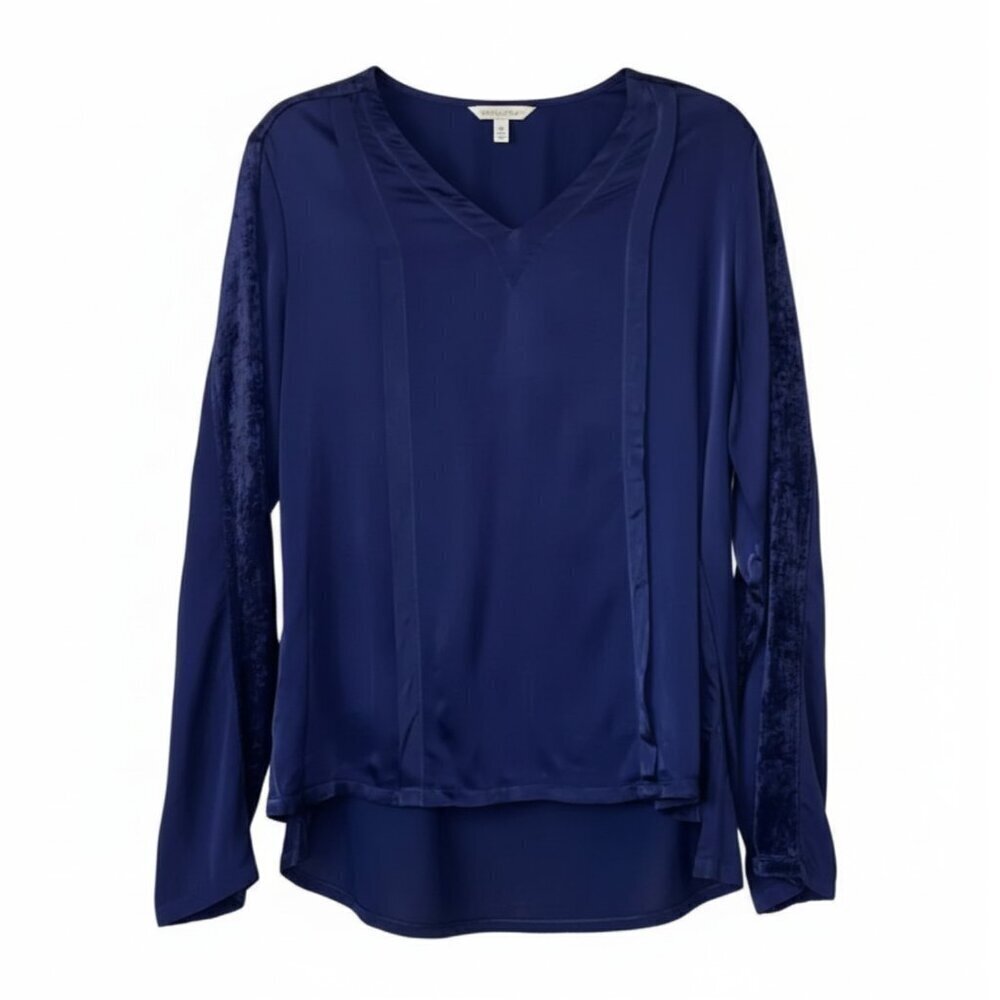 NEW XCVI Dark Blue Silky Long Sleeve Tunic Top w/ Velour Shoulder Detail Sz. S